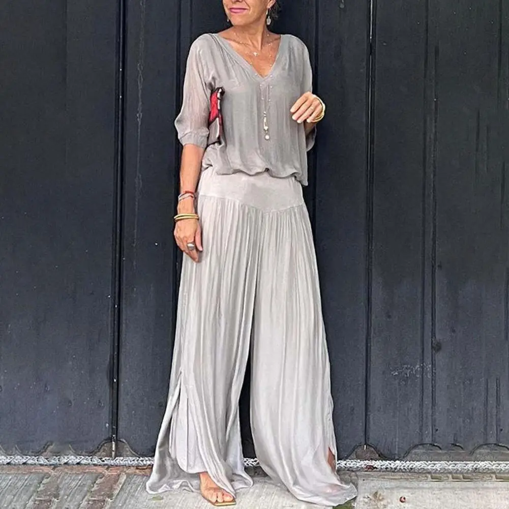 Solid Color Two Piece Chic Women's Chiffon Two Piece Set with V-neck Top Wide Leg Pants Summer Casual Outfit for Loungewear