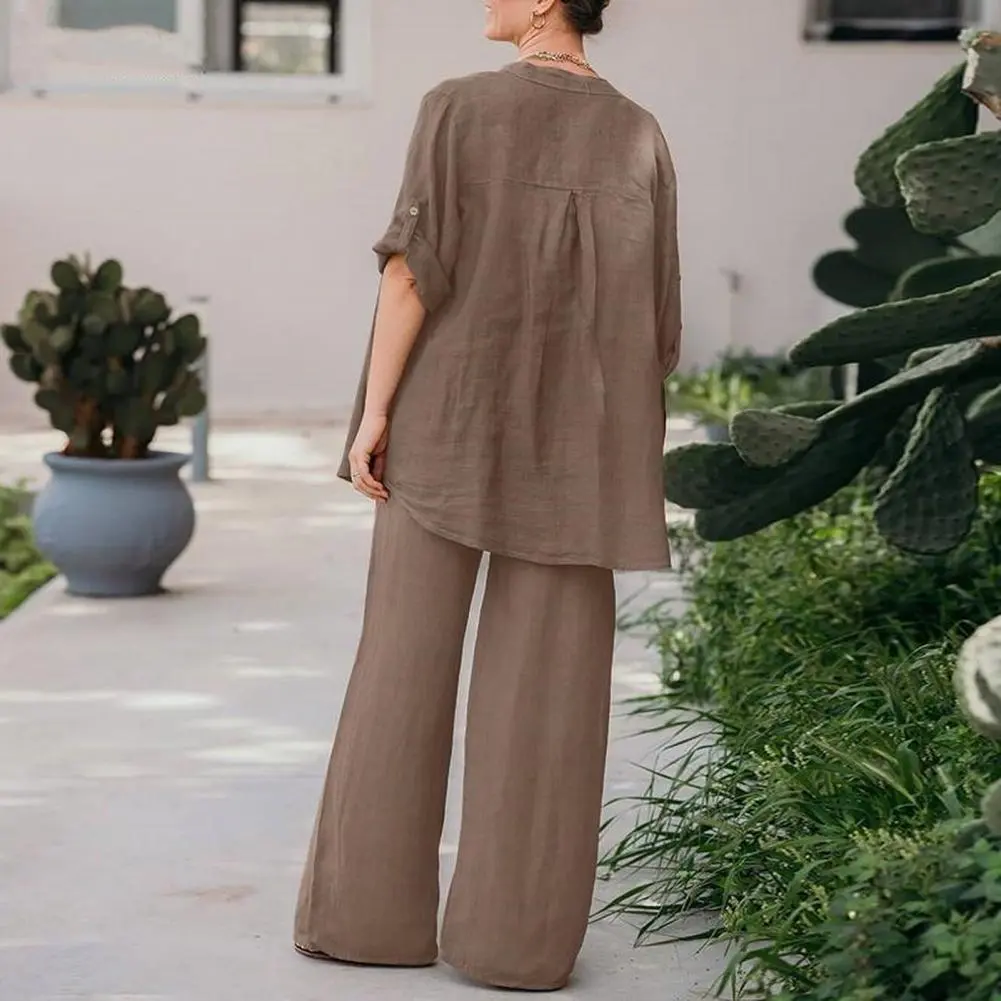 Casual Shirts Two Piece Set Women Long Sleeve Lapel Shirts High Waist Wide Leg Pants Suit For Women Home Wear Outfits Clothing