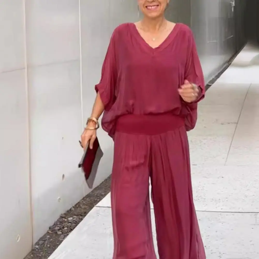 Solid Color Two Piece Chic Women's Chiffon Two Piece Set with V-neck Top Wide Leg Pants Summer Casual Outfit for Loungewear