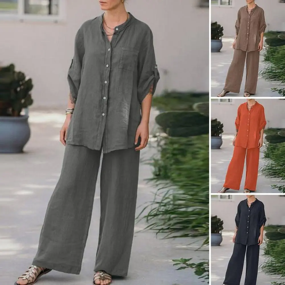 Casual Shirts Two Piece Set Women Long Sleeve Lapel Shirts High Waist Wide Leg Pants Suit For Women Home Wear Outfits Clothing