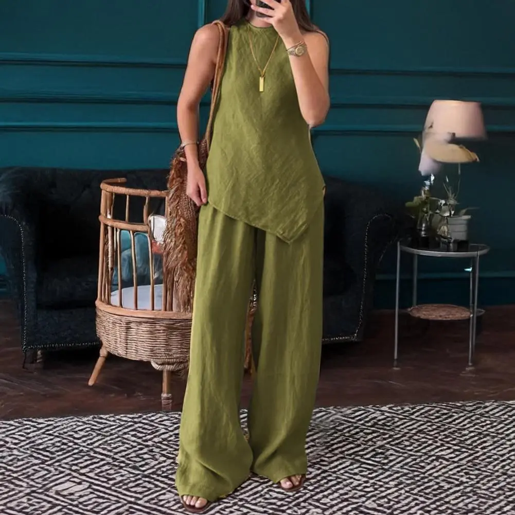 2025 Summer New Irregular Women's Fashion Cotton Linen Suit Short Sleeves 2-Piece Set European American Line Color CrossBorder