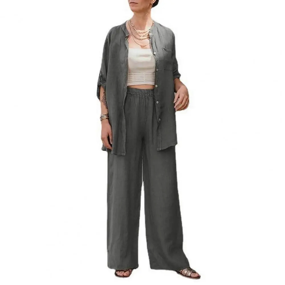 Casual Shirts Two Piece Set Women Long Sleeve Lapel Shirts High Waist Wide Leg Pants Suit For Women Home Wear Outfits Clothing