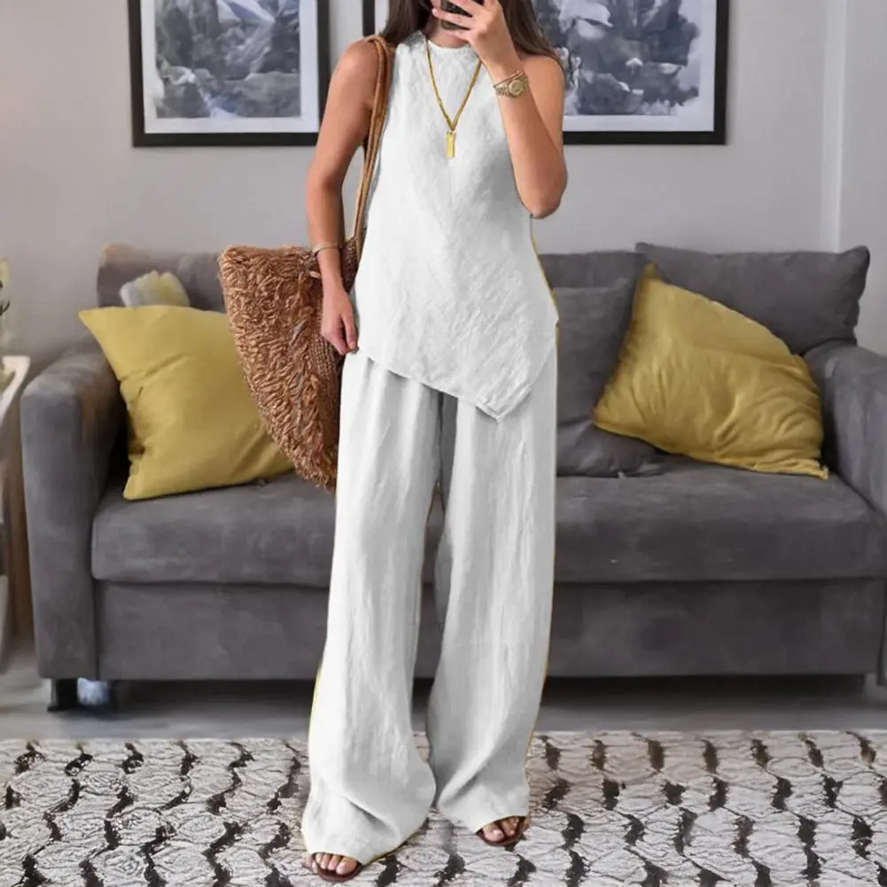2025 Summer New Irregular Women's Fashion Cotton Linen Suit Short Sleeves 2-Piece Set European American Line Color CrossBorder