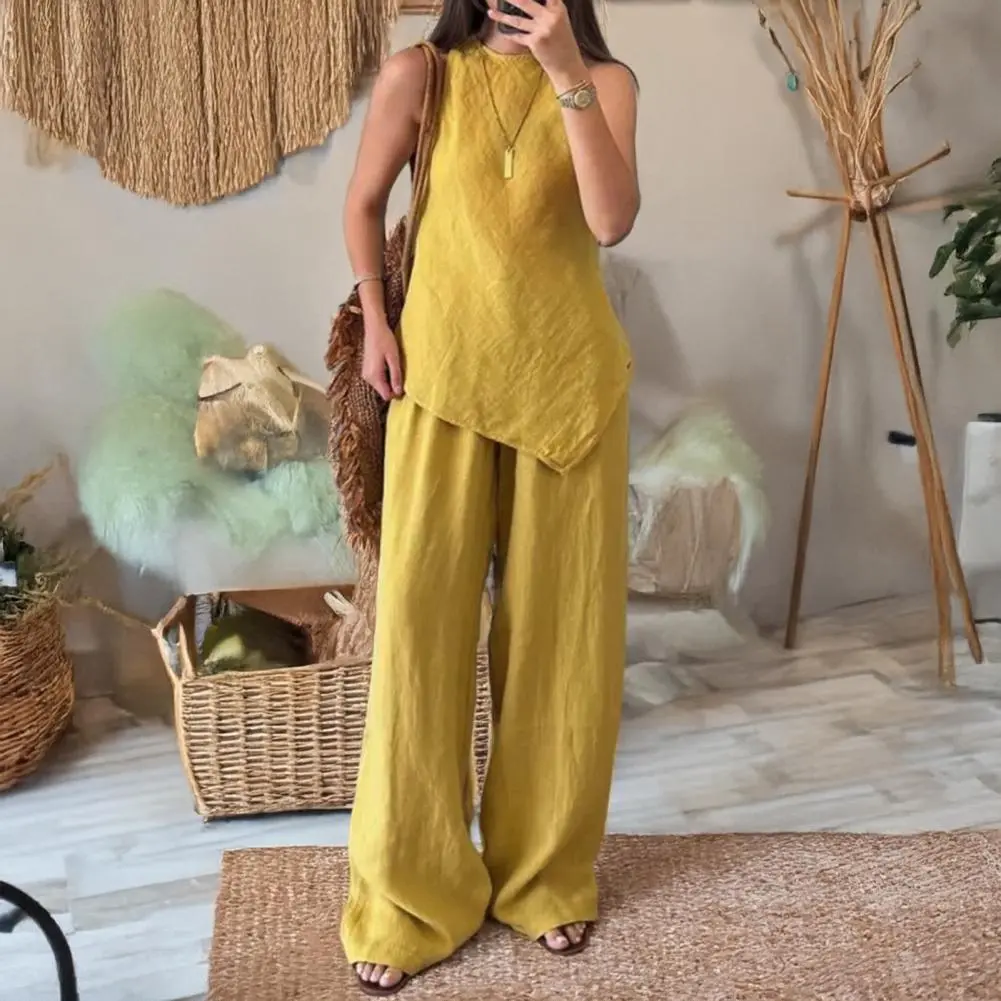 2025 Summer New Irregular Women's Fashion Cotton Linen Suit Short Sleeves 2-Piece Set European American Line Color CrossBorder