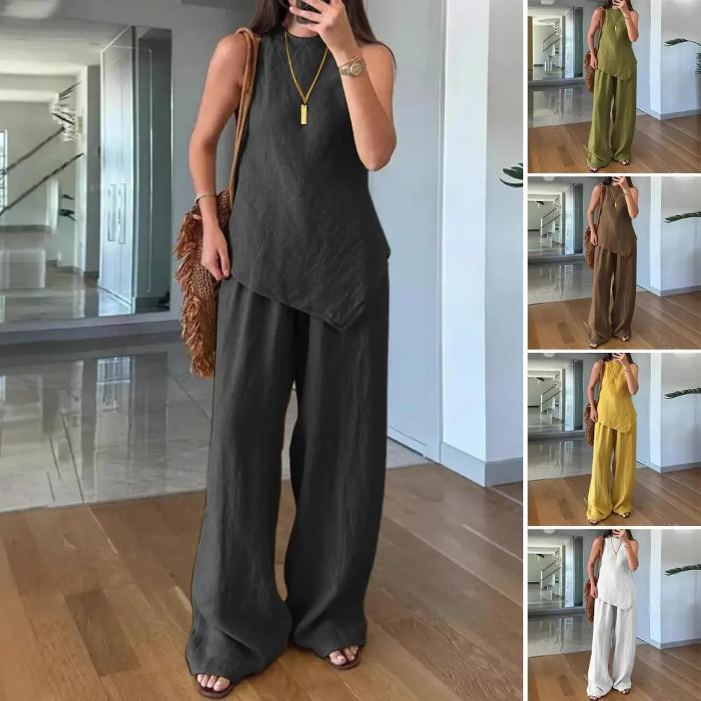 2025 Summer New Irregular Women's Fashion Cotton Linen Suit Short Sleeves 2-Piece Set European American Line Color CrossBorder