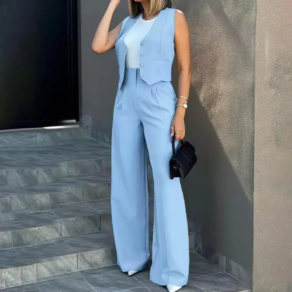 Fashion Women's Trouser Suits Sleeveless Top Straight Pants V-Neck Lady Sets 2025 Spring Summer 2 Piece Set Women