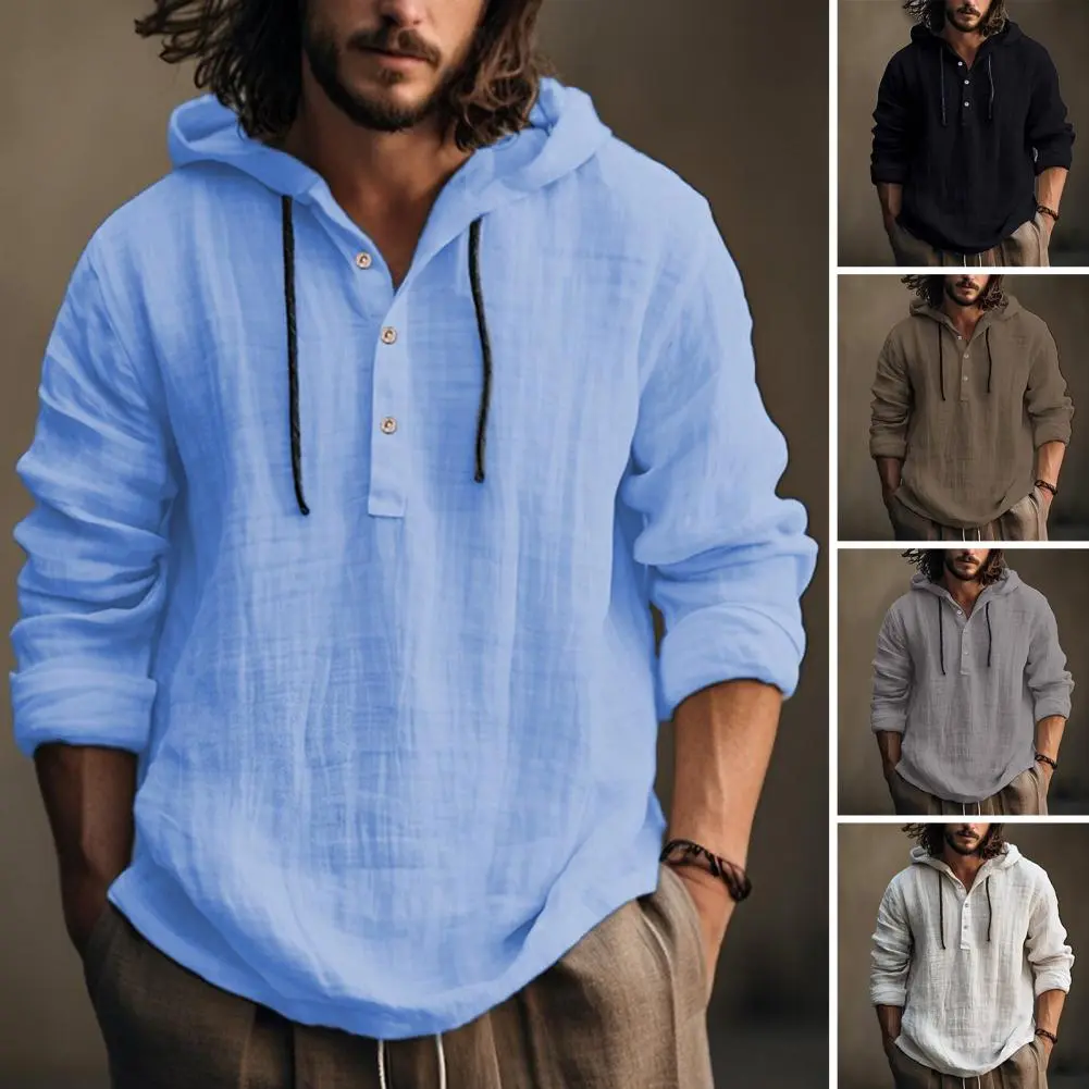 25 New Cotton And Linen Shirts Hooded Loose Large Size Casual Sweater Long Sleeve Hoodie Men