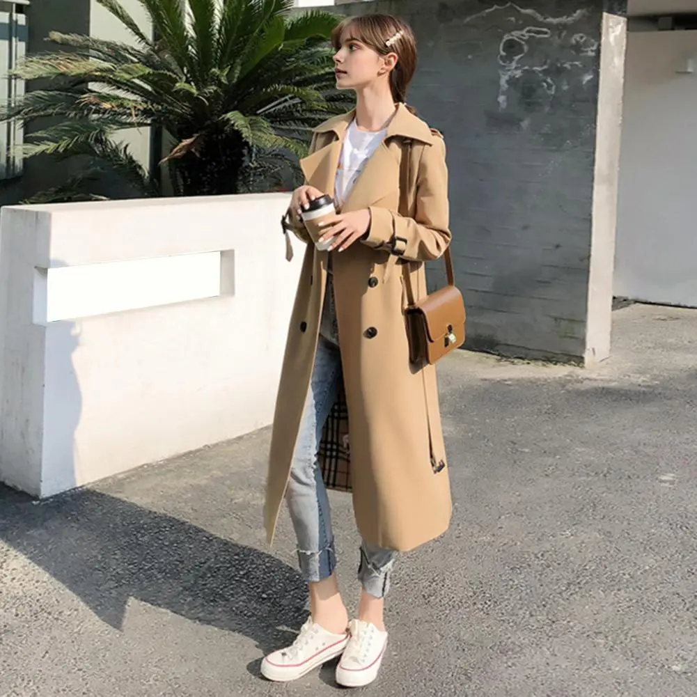 Women British Style Windbreaker Streetwear Double Breasted Long Trench Coats Elegant Autumn Winter Casual Medium Length Jackets