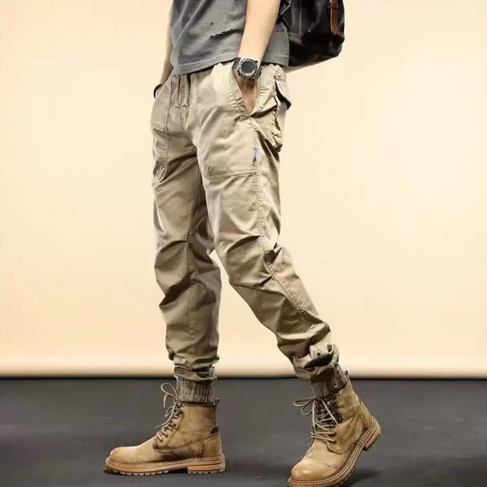Workwear pants with multiple pockets and leggings, loose small legged men's elastic straight leg casual outdoor pants