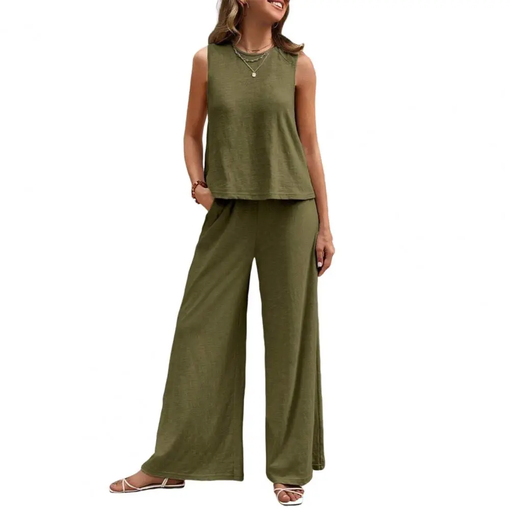 Fashion Cotton Linen 2 Piece Set Women Summer Chic Outfit 2025 New Fashion Sleeveless Tank Top With High Waist Wide Pants Set