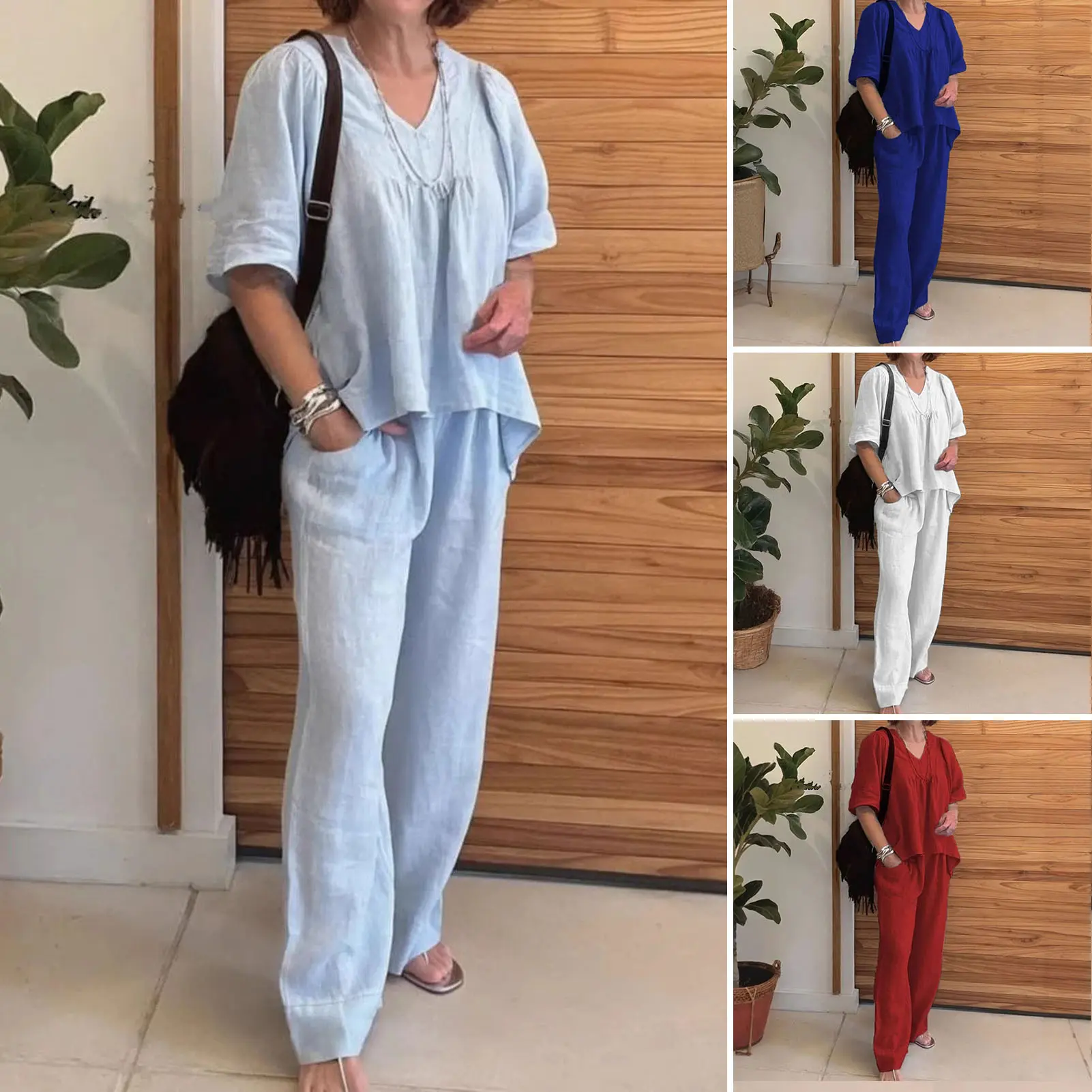 2025 Summer New Women's Fashion Cotton Linen Suit Short Sleeves 2-Piece Set European American Line Color Cross-Border Trade