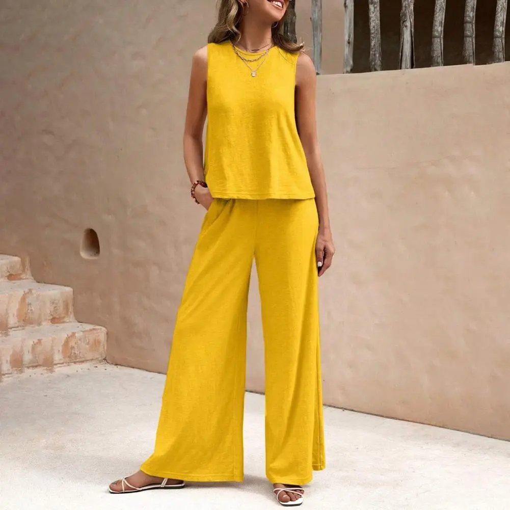 Fashion Cotton Linen 2 Piece Set Women Summer Chic Outfit 2025 New Fashion Sleeveless Tank Top With High Waist Wide Pants Set