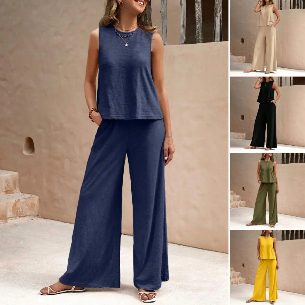 Fashion Cotton Linen 2 Piece Set Women Summer Chic Outfit 2025 New Fashion Sleeveless Tank Top With High Waist Wide Pants Set