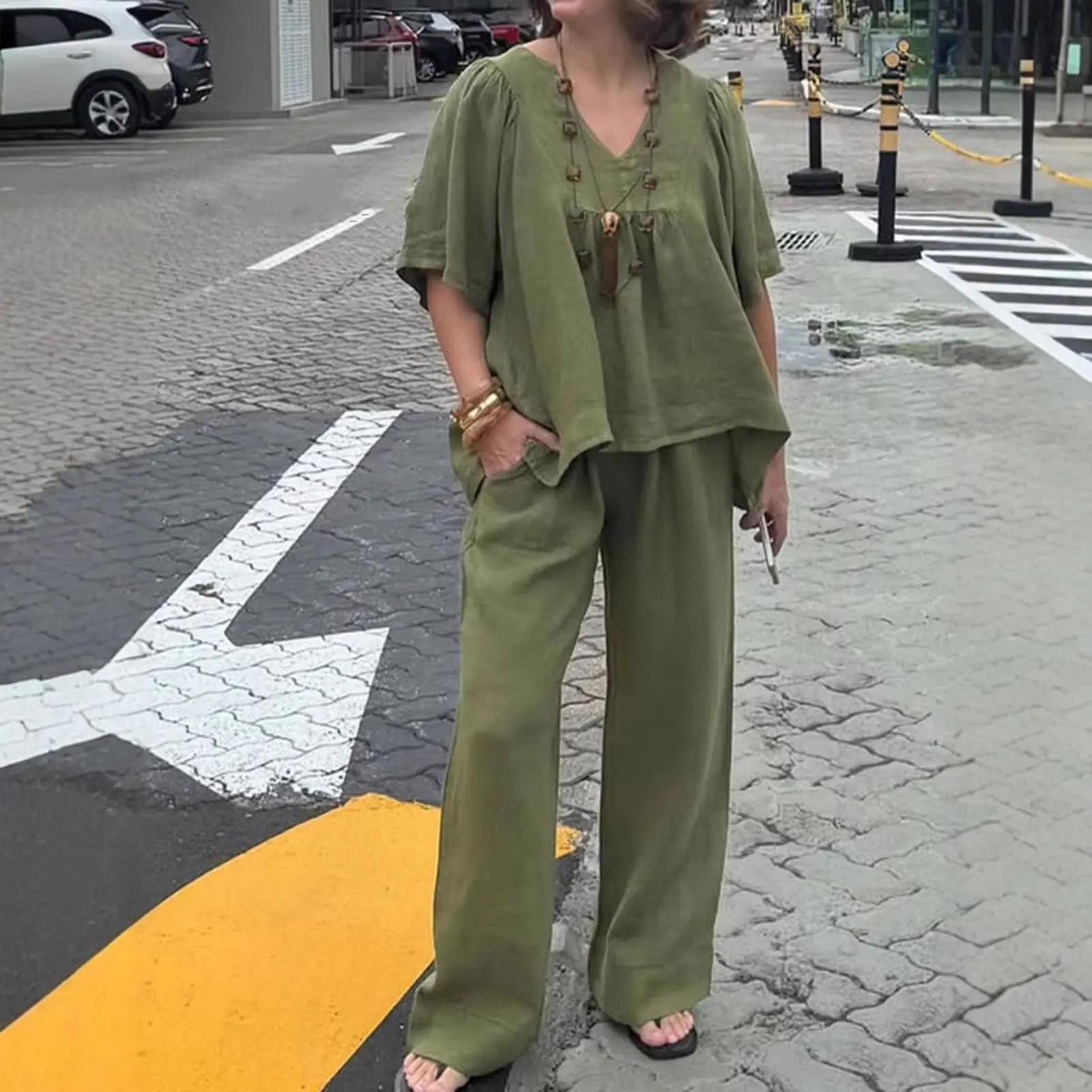 2025 Summer New Women's Fashion Cotton Linen Suit Short Sleeves 2-Piece Set European American Line Color Cross-Border Trade