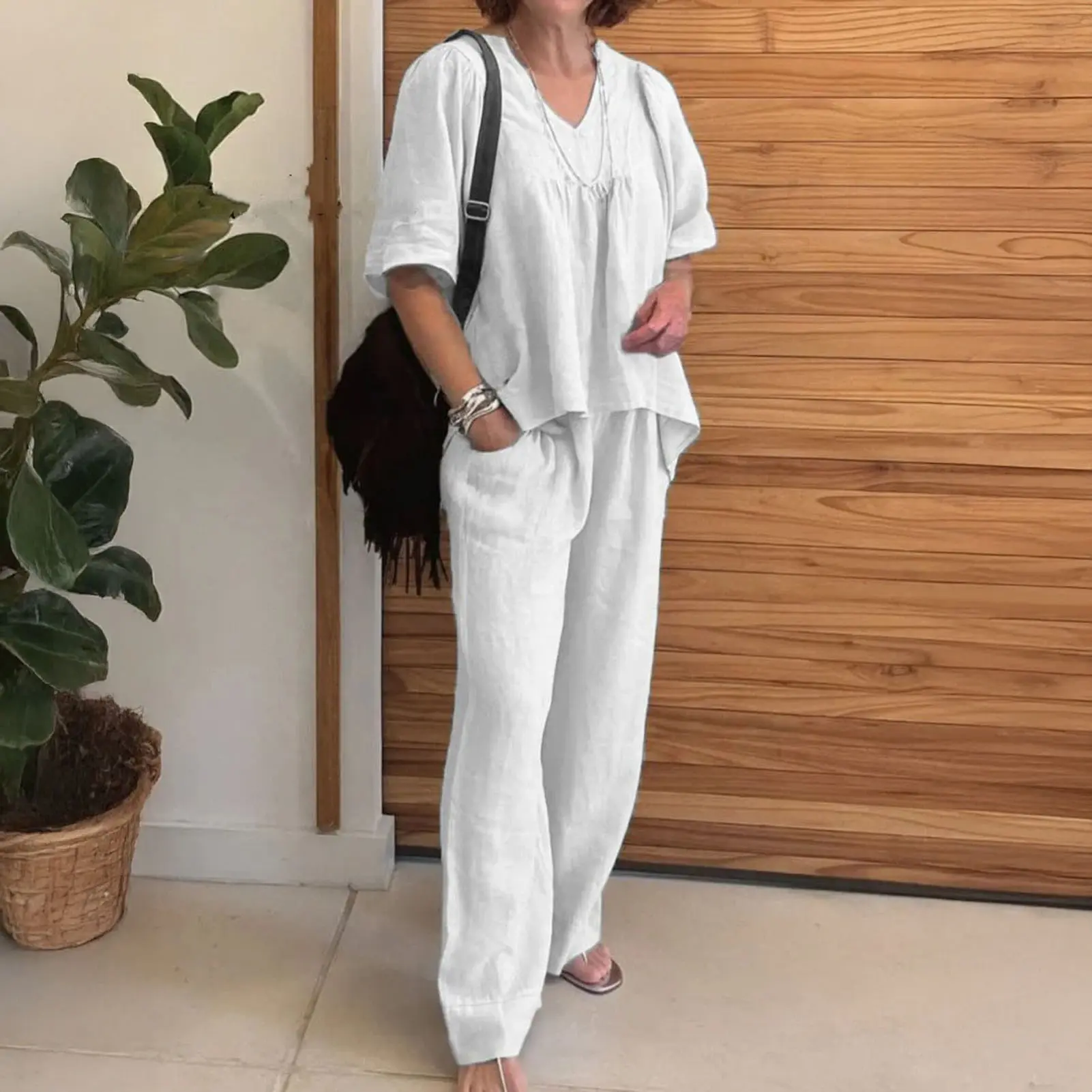 2025 Summer New Women's Fashion Cotton Linen Suit Short Sleeves 2-Piece Set European American Line Color Cross-Border Trade