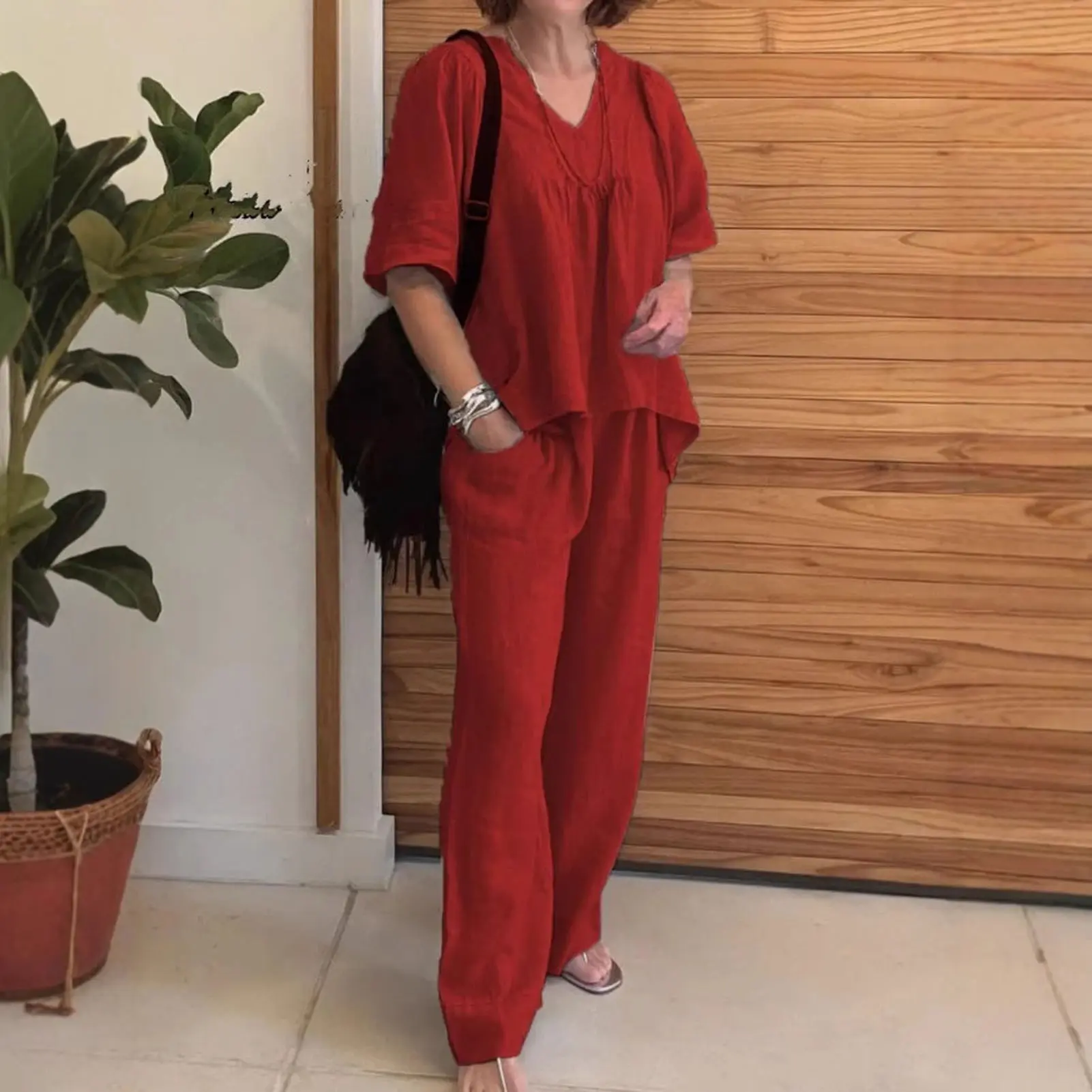 2025 Summer New Women's Fashion Cotton Linen Suit Short Sleeves 2-Piece Set European American Line Color Cross-Border Trade