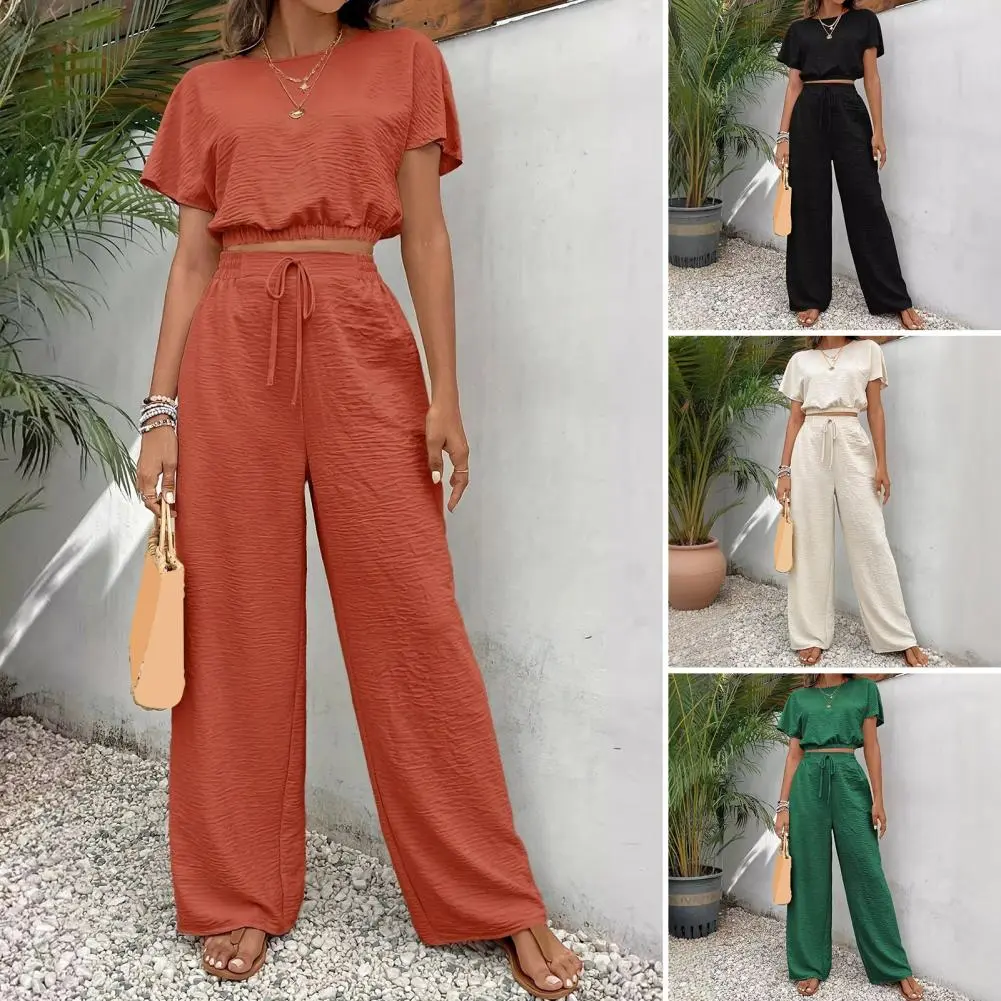 Summer Women Short Sleeve Blouse with Pants Sets 2PCS Solid Tracksuit Two Piece Sets Loose Outifit Casual Matching Sets