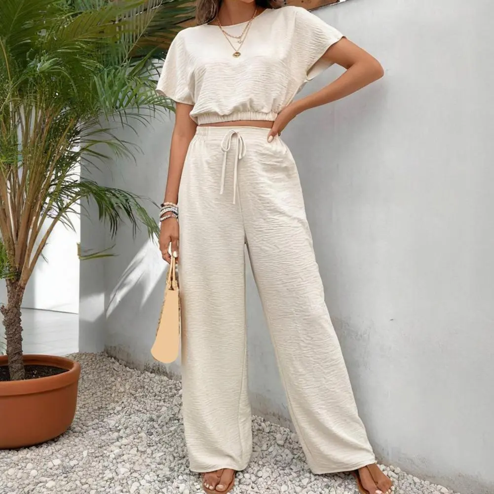 Summer Women Short Sleeve Blouse with Pants Sets 2PCS Solid Tracksuit Two Piece Sets Loose Outifit Casual Matching Sets