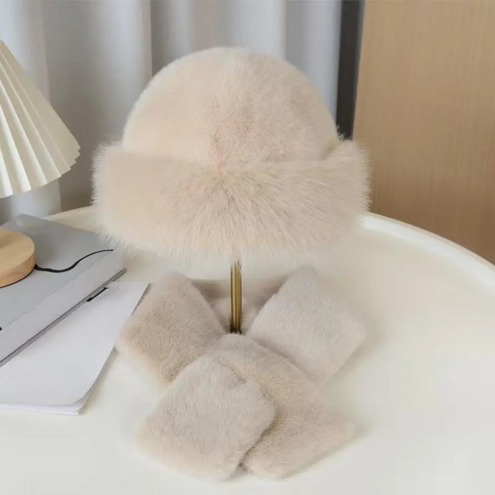 Soft Touch Hat Scarf Cozy Winter Fuzzy Hat Scarf Set for Women Faux Fur Collar Wrap Scarf with Thickened Plush Warm Cap for Cold