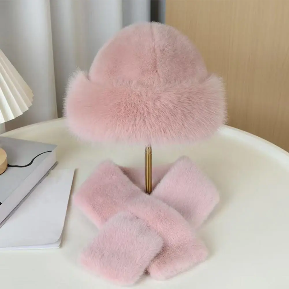 Soft Touch Hat Scarf Cozy Winter Fuzzy Hat Scarf Set for Women Faux Fur Collar Wrap Scarf with Thickened Plush Warm Cap for Cold