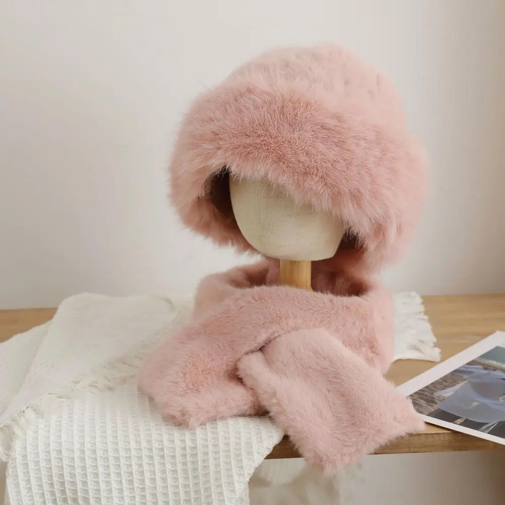 Soft Touch Hat Scarf Cozy Winter Fuzzy Hat Scarf Set for Women Faux Fur Collar Wrap Scarf with Thickened Plush Warm Cap for Cold