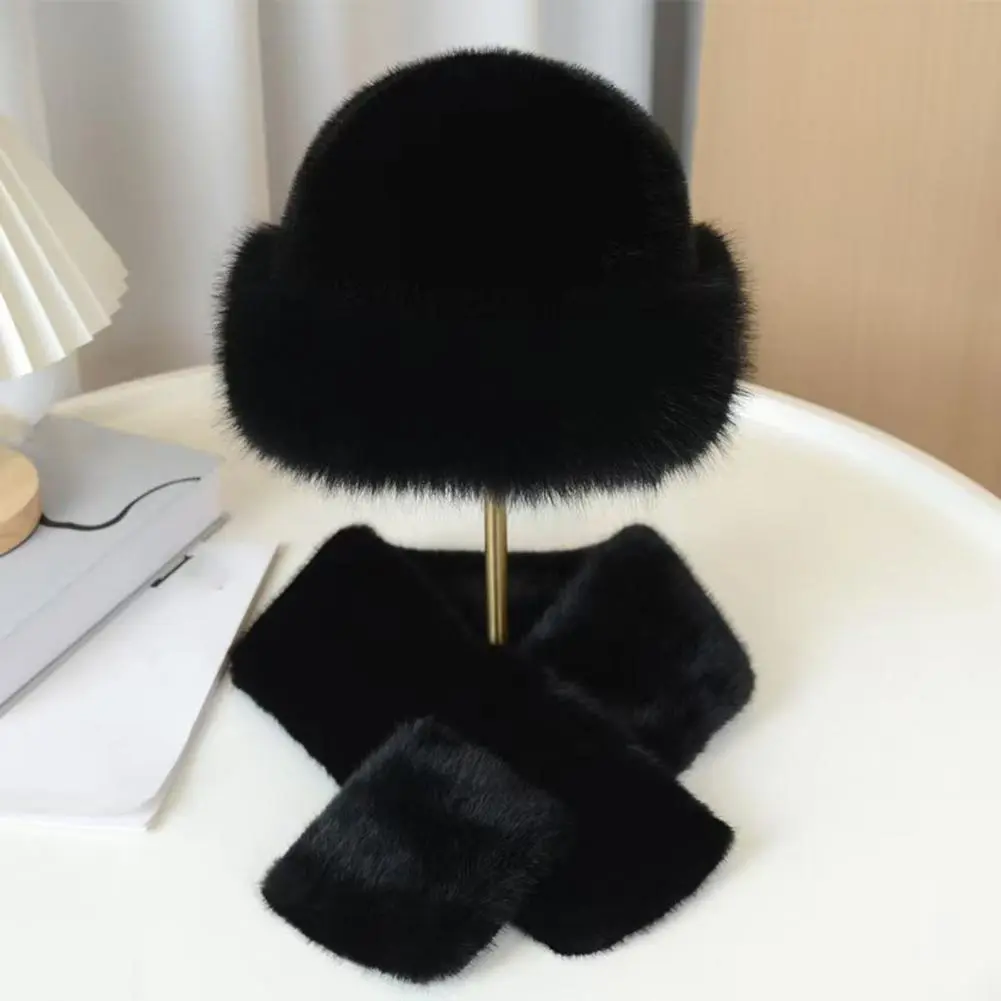 Soft Touch Hat Scarf Cozy Winter Fuzzy Hat Scarf Set for Women Faux Fur Collar Wrap Scarf with Thickened Plush Warm Cap for Cold