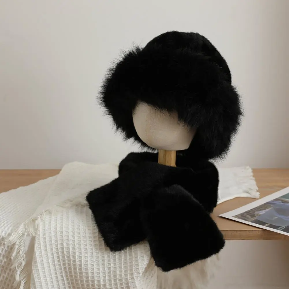 Soft Touch Hat Scarf Cozy Winter Fuzzy Hat Scarf Set for Women Faux Fur Collar Wrap Scarf with Thickened Plush Warm Cap for Cold