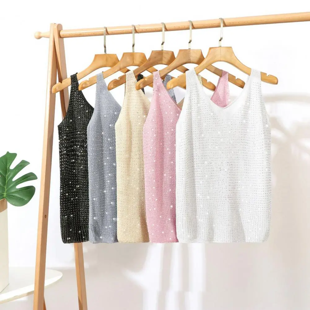 Women Crystal Rhinestones Shiny Sexy Tank Tops High Quality Party Club Sexy See Through Mesh Hollow Out Diamond shirt