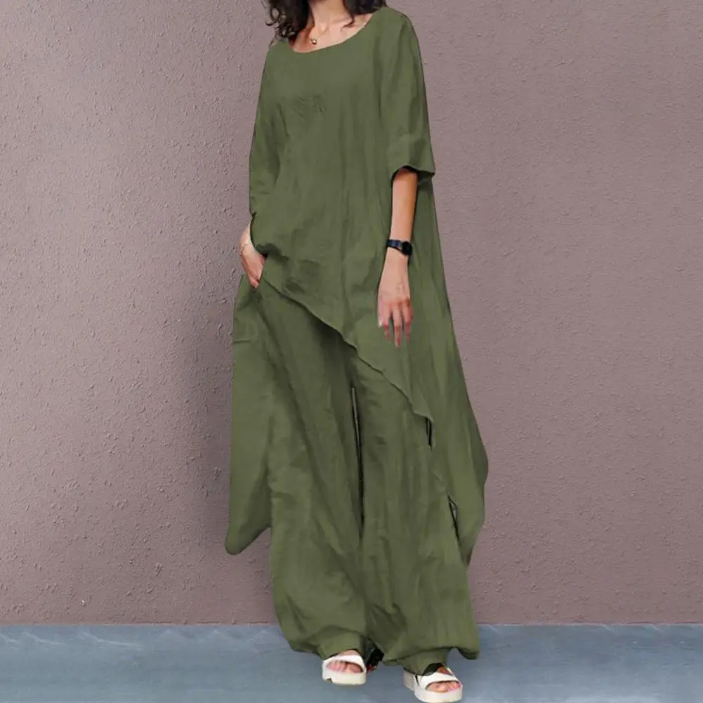 Summer Women Print Loose Sets Round Neck Short Sleeve Top & Wide Leg Pants Suits Casual Streetwear Elegant Office Sets