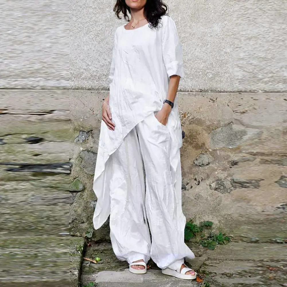 Summer Women Print Loose Sets Round Neck Short Sleeve Top & Wide Leg Pants Suits Casual Streetwear Elegant Office Sets