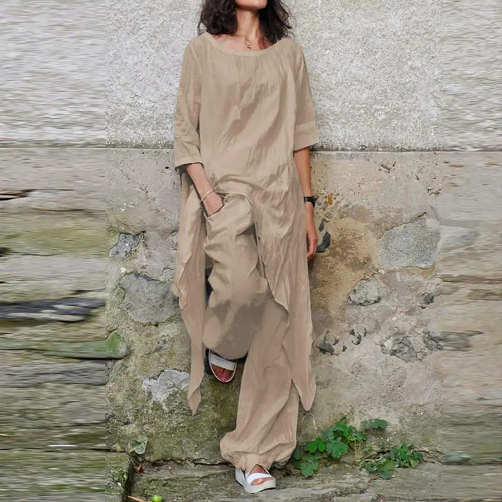 Summer Women Print Loose Sets Round Neck Short Sleeve Top & Wide Leg Pants Suits Casual Streetwear Elegant Office Sets