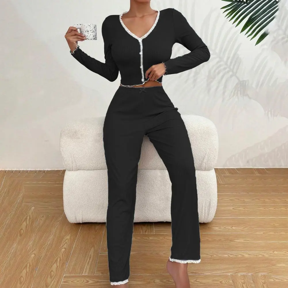 2025 Autumn Winter Homewear Pajamas Set for Women Long Sleeves Shirt Trousers 2 Pieces Sexy Lace Pijamas Sleepwear Loungewear