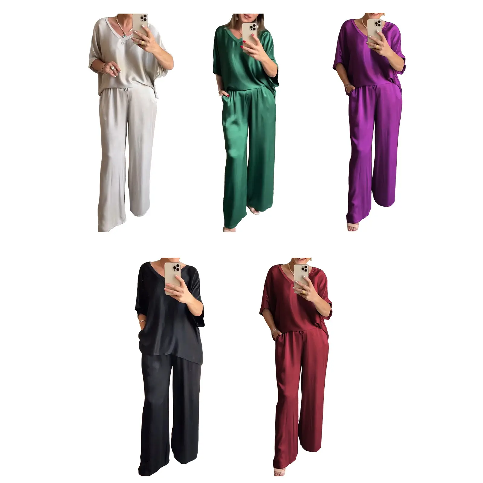 2 Pieces Set for Woman Summer New Elegant Solid Half Sleeves Shirt Tops Suits Fashionable Casual Loose Wide Leg Pants Sets