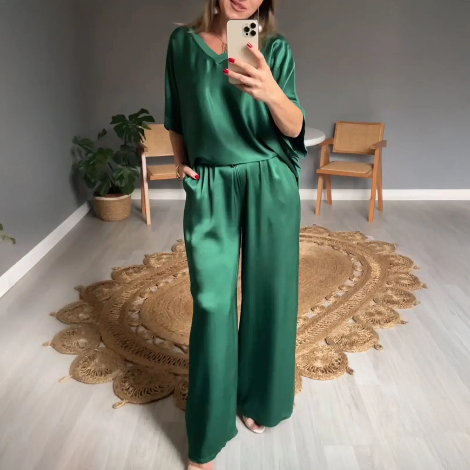 2 Pieces Set for Woman Summer New Elegant Solid Half Sleeves Shirt Tops Suits Fashionable Casual Loose Wide Leg Pants Sets