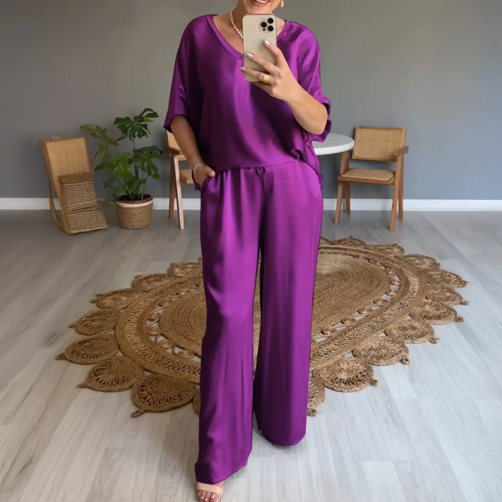 2 Pieces Set for Woman Summer New Elegant Solid Half Sleeves Shirt Tops Suits Fashionable Casual Loose Wide Leg Pants Sets
