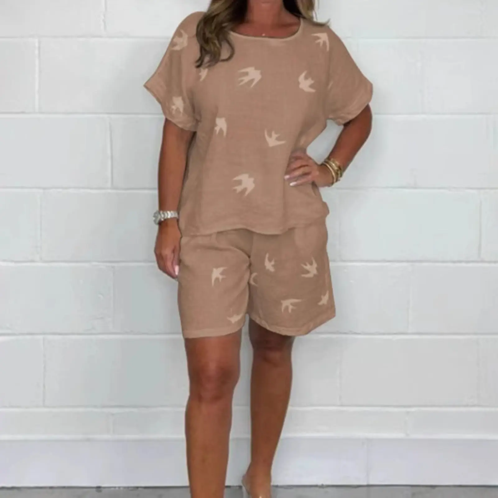 Two Piece Outfits Clothes Women Spring Printed Blouse and Cotton Linen Shorts Pants Suit Female Loose Sets Elegant Office Lady