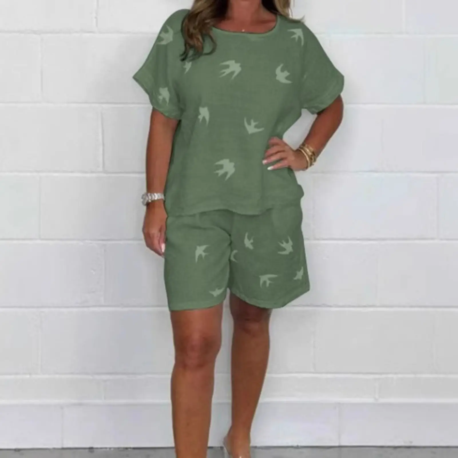 Two Piece Outfits Clothes Women Spring Printed Blouse and Cotton Linen Shorts Pants Suit Female Loose Sets Elegant Office Lady
