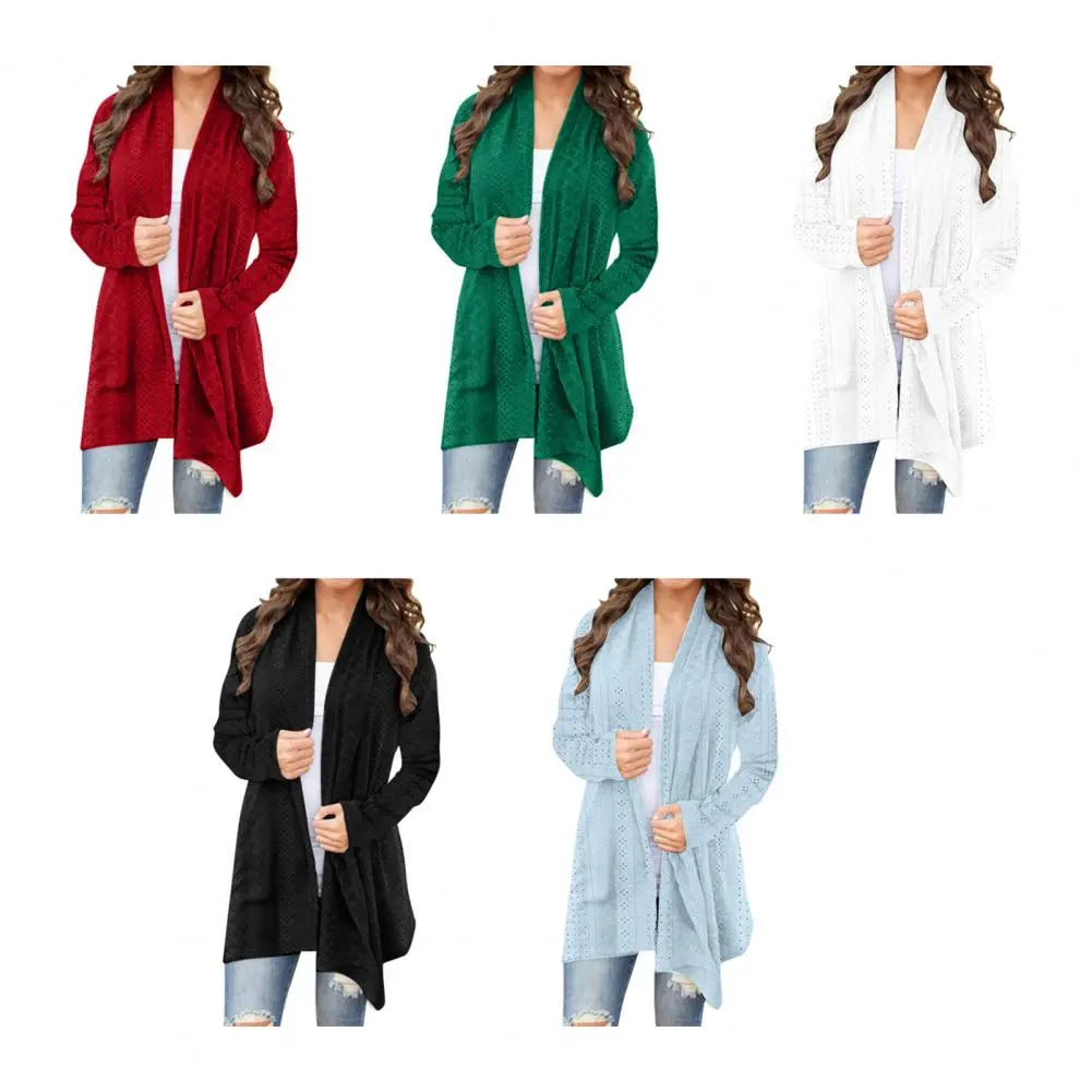 Autumn Winter New Women's Long Sleeve Solid Loose Cardigan Coat Women Crochet Cardigan Open Front Knitted Hollow Eyelet Outwear