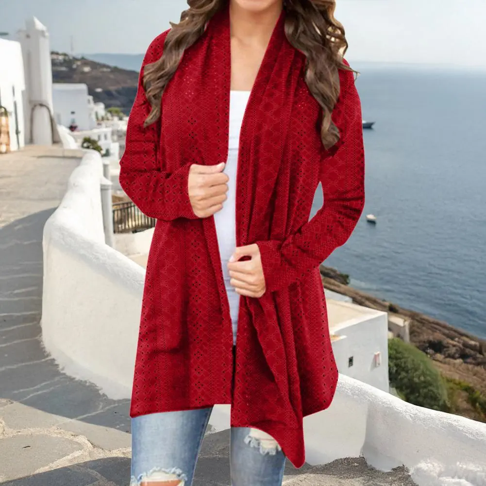 Autumn Winter New Women's Long Sleeve Solid Loose Cardigan Coat Women Crochet Cardigan Open Front Knitted Hollow Eyelet Outwear