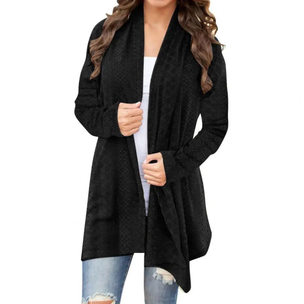 Autumn Winter New Women's Long Sleeve Solid Loose Cardigan Coat Women Crochet Cardigan Open Front Knitted Hollow Eyelet Outwear