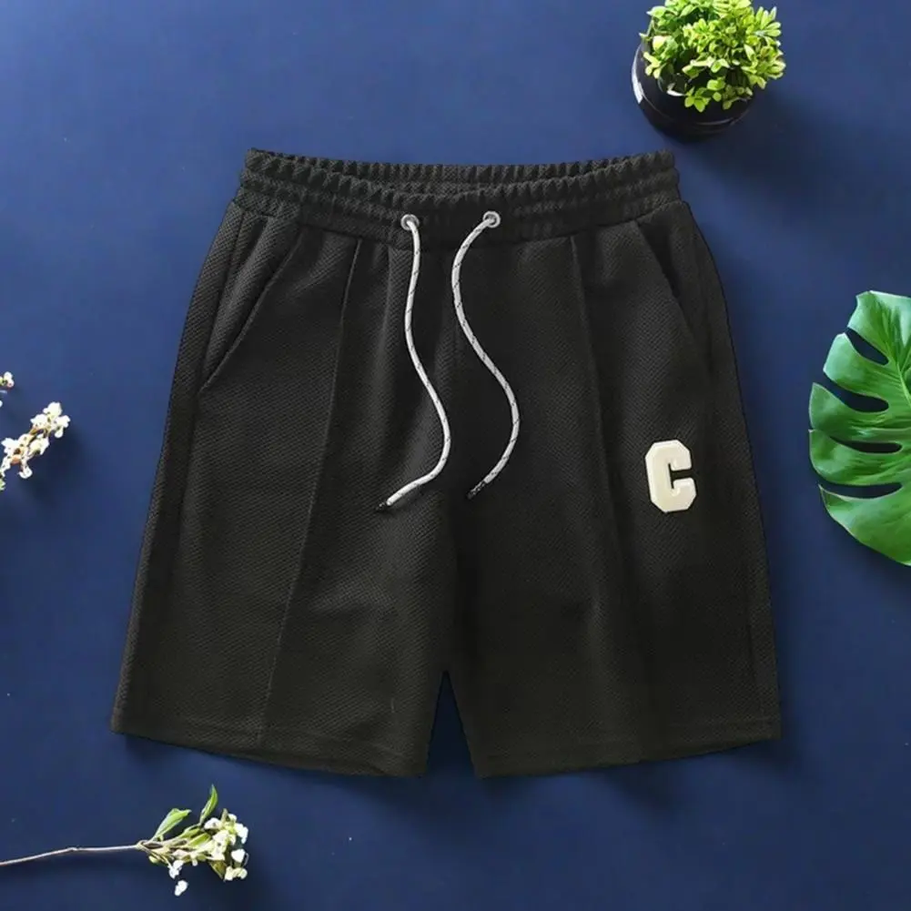 Men Versatile Shorts Quick-drying Knee-length Sport Shorts with Waist Drawstring for Men Loose Fit Solid Color Athletic Pants