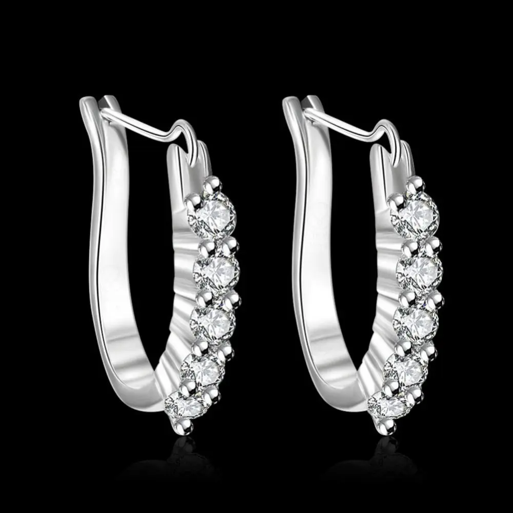 Women Cubic Zirconia Inlaid Silver Plated U Shape Ear Stud Earrings Cubic Zirconia Cuff Earrings Huggie Studs