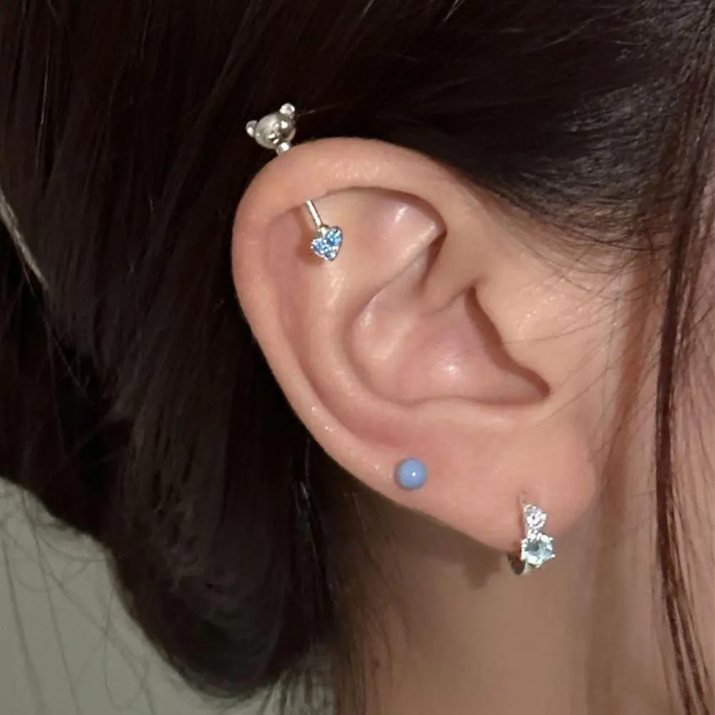 Club Earrings Cartoon Bear Heart Shape Cubic Zirconia Stud Earrings for Club Parties Shiny Cartilage Earrings Nose Ring Set