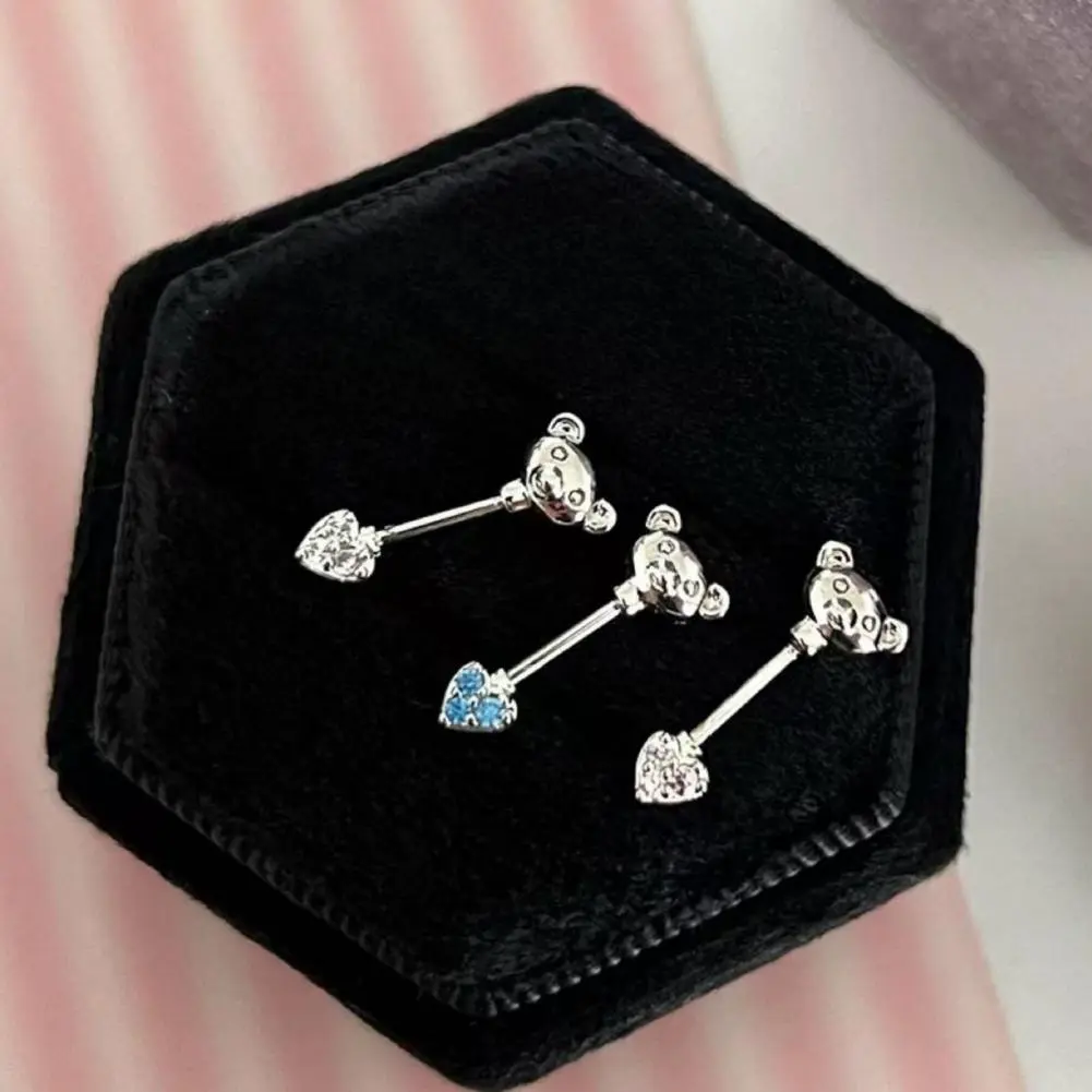 Club Earrings Cartoon Bear Heart Shape Cubic Zirconia Stud Earrings for Club Parties Shiny Cartilage Earrings Nose Ring Set
