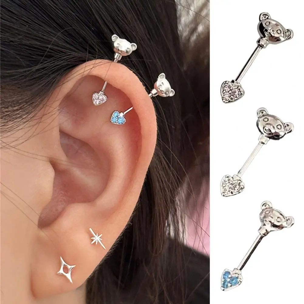 Club Earrings Cartoon Bear Heart Shape Cubic Zirconia Stud Earrings for Club Parties Shiny Cartilage Earrings Nose Ring Set