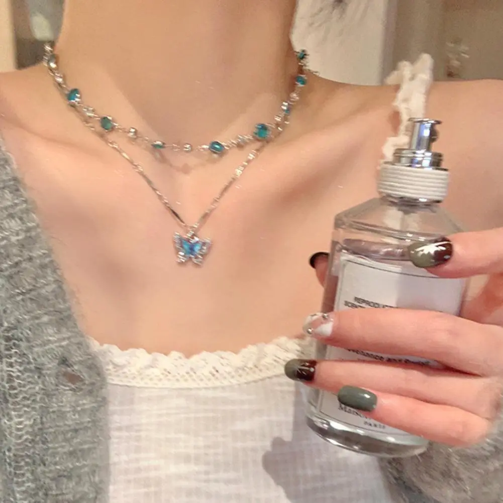 Romantic Blue Crystal Butterfly Necklace for Women Girls Simple Shiny Zircon Bilayer Choker Clavicle Chain New Fine Jewelry Gift