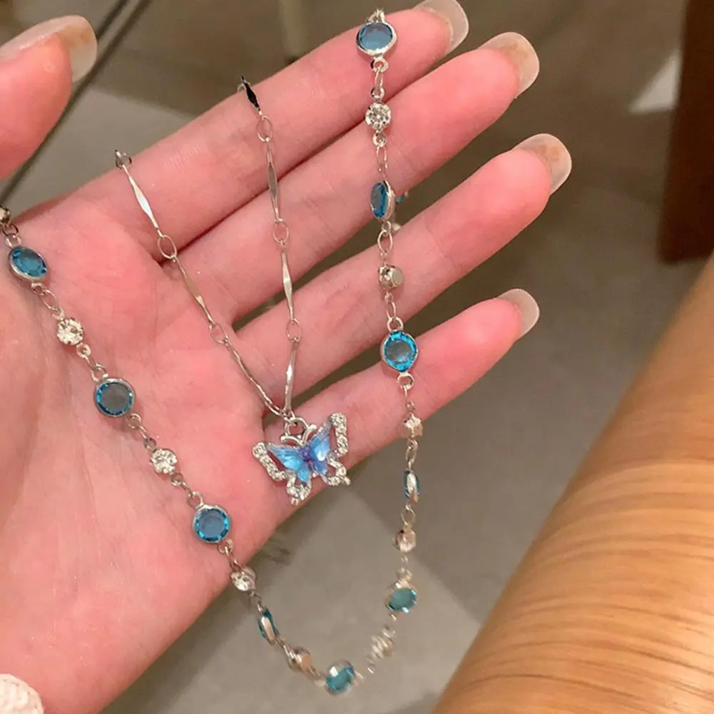 Romantic Blue Crystal Butterfly Necklace for Women Girls Simple Shiny Zircon Bilayer Choker Clavicle Chain New Fine Jewelry Gift