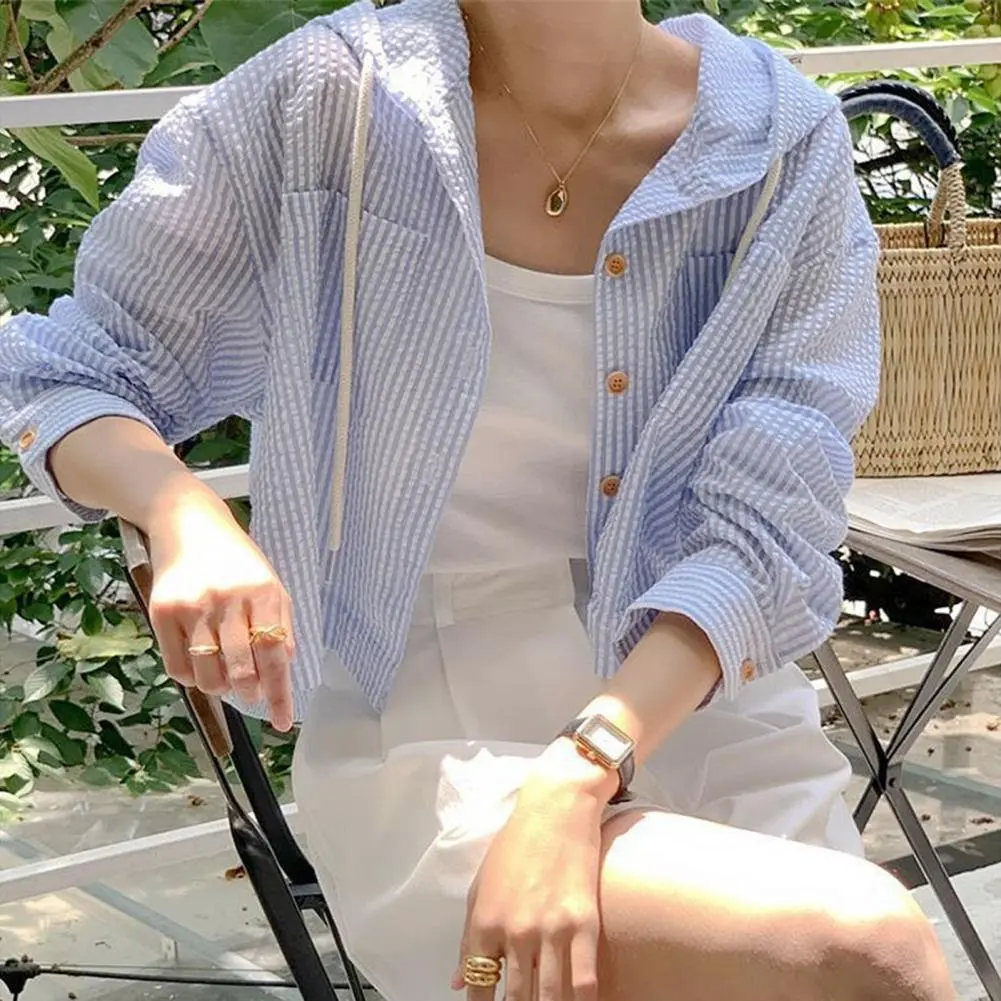 Ultra-thin Breathable Jacket for Women Striped Button Down Shirt with Drawstring Hood Long Sleeve Cardigan for Women for Ladies