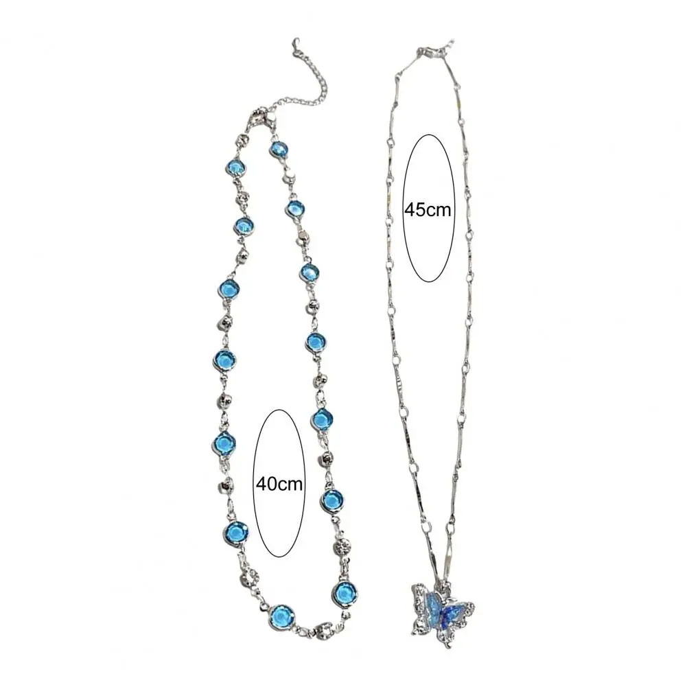 Romantic Blue Crystal Butterfly Necklace for Women Girls Simple Shiny Zircon Bilayer Choker Clavicle Chain New Fine Jewelry Gift