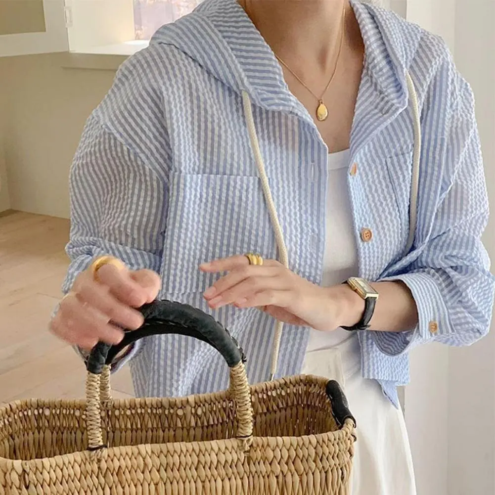 Ultra-thin Breathable Jacket for Women Striped Button Down Shirt with Drawstring Hood Long Sleeve Cardigan for Women for Ladies